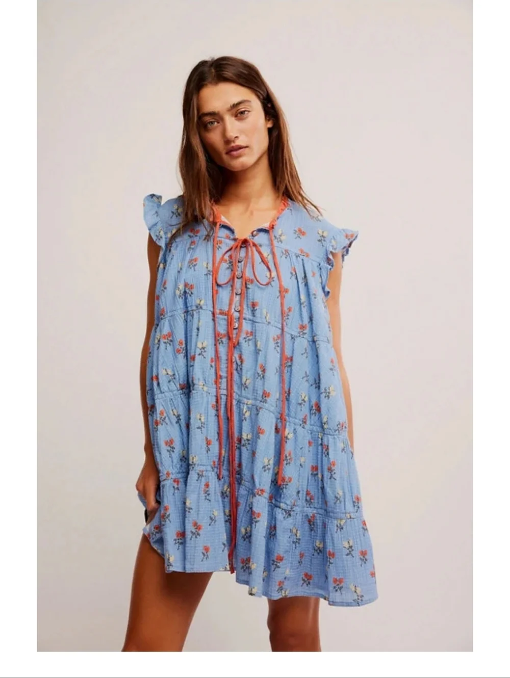 🧢 BE FESTIVAL READY - NWT - Free People Blue Floral Mini Dress with Pink Trim - Picture 4 of 14